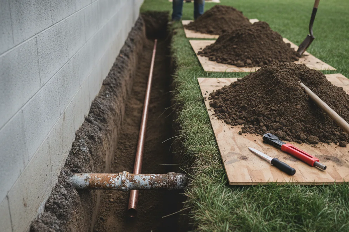 Excavated water line trench during Water Softener Installation in Decatur